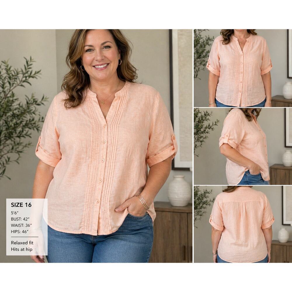 Lane Bryant Women’s Plus Size 18 20 Peach Linen Cotton Blend Blouse Pin-tuck